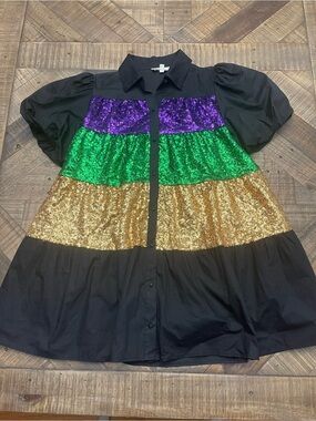 Peach Love California Mardi Gras Sequin Color Block Shirt Mini Dress
